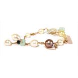 A rose gold cultured pearl and quartz bracelet,