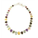 A sterling silver rough (uncut) assorted gemstone necklace,