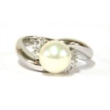 An Italian white gold cultured pearl and diamond ring,