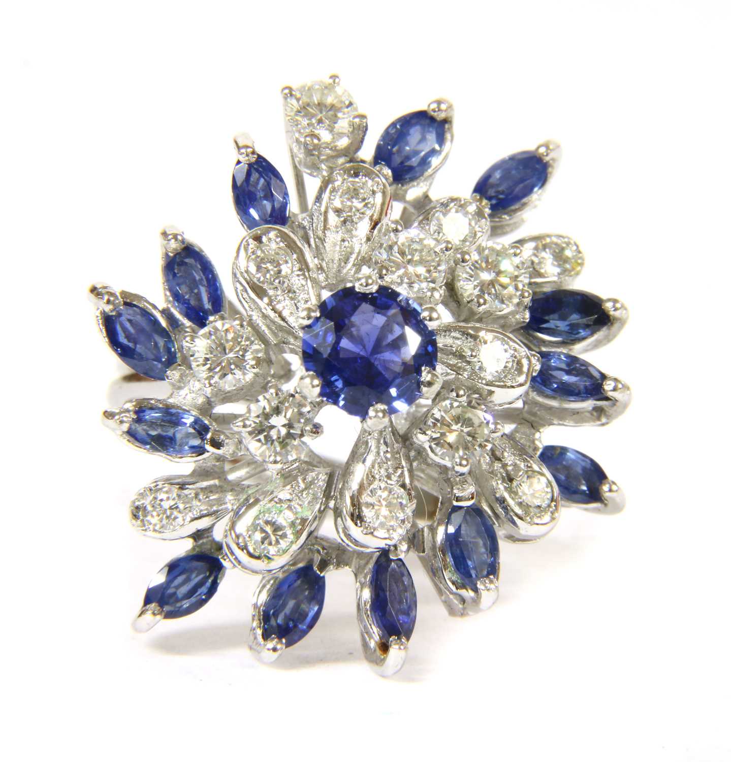 A white gold sapphire and diamond cocktail cluster ring, c.1970