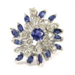 A white gold sapphire and diamond cocktail cluster ring, c.1970