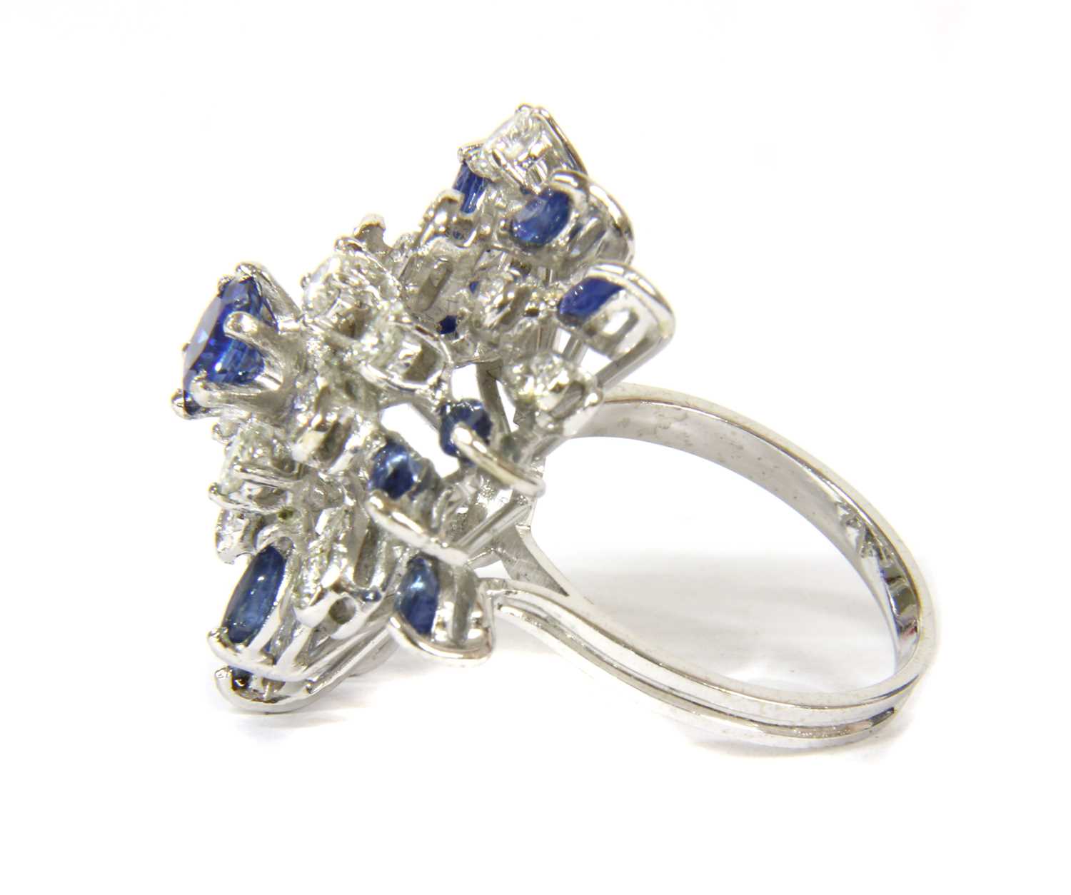 A white gold sapphire and diamond cocktail cluster ring, c.1970 - Image 3 of 3