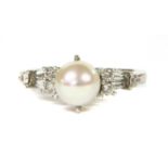 A Continental white gold single stone cultured pearl ring