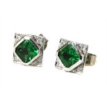A pair of 18ct white gold tsavorite garnet and diamond square cluster earrings,