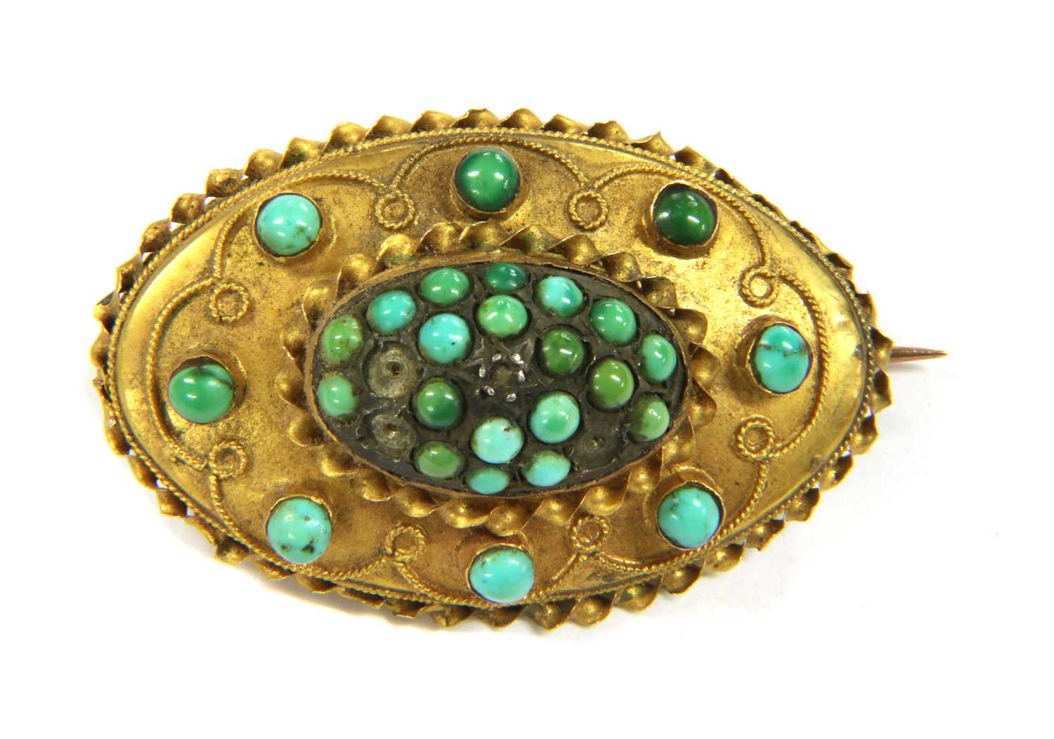 A Victorian Etruscan Revival style gold turquoise brooch,