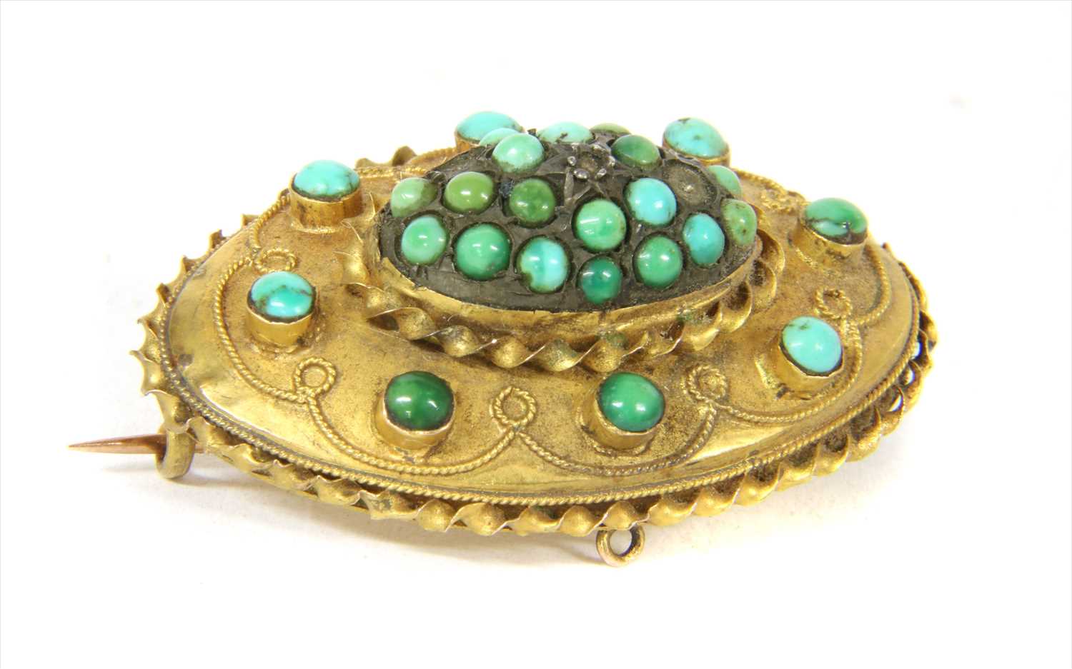 A Victorian Etruscan Revival style gold turquoise brooch, - Image 2 of 4