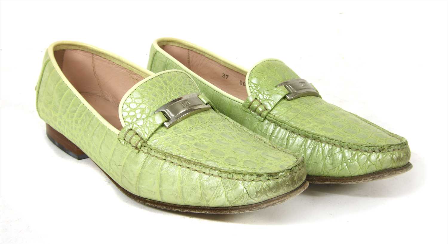 A pair of Escada green leather embossed loafers,