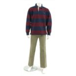 A Gant gentleman's red and blue stripe rugby shirt, one other and a pair of JCP trousers