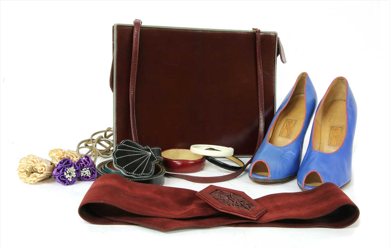 Clive Shilton blue court shoes, maroon leather bag and other items