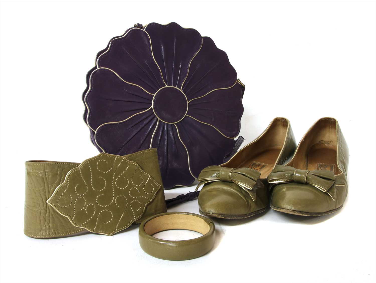 Clive Shilton khaki court shoes, khaki belt and Clive Shilton purple bag