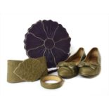 Clive Shilton khaki court shoes, khaki belt and Clive Shilton purple bag