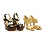 A pair of Jimmy Choo cream patent leather heeled sandals, and a pair of Casadei sandals