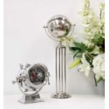 A Royal Master aluminium chrome clock and a chrome globe on stand