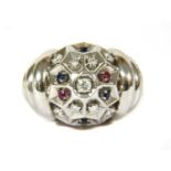 A French white gold diamond, sapphire and ruby modernist ring, c.1960,