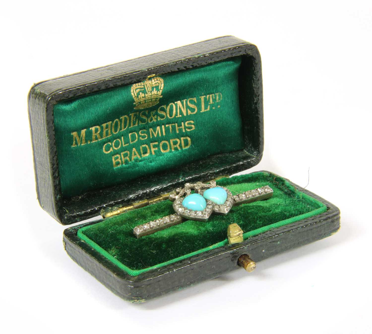 A Victorian gold and silver, turquoise and diamond twin heart bar brooch, - Image 2 of 3