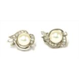 A pair of Italian white gold cultured pearl and diamond earrings,