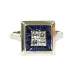 An Art Deco platinum diamond and sapphire square cluster ring,