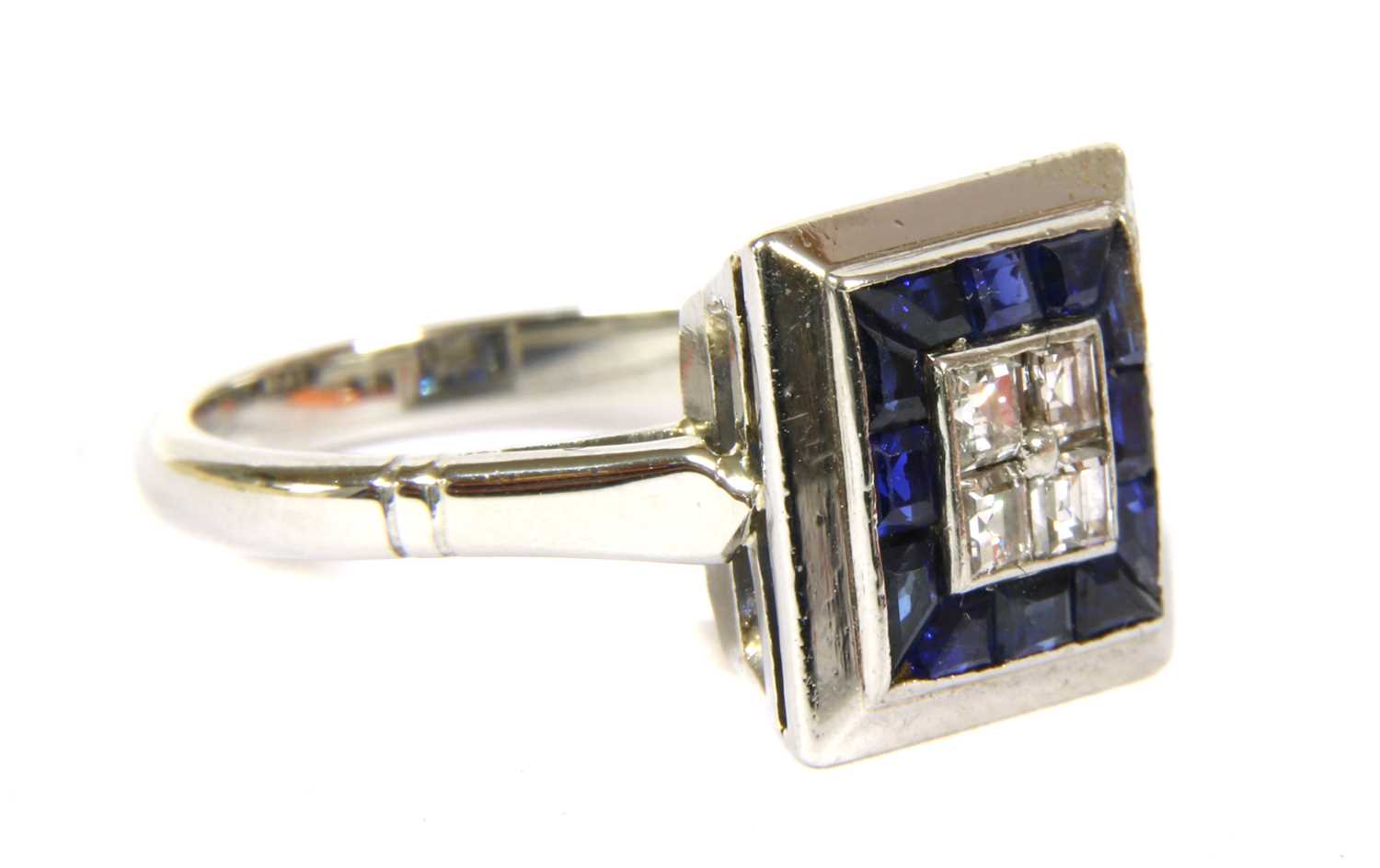 An Art Deco platinum diamond and sapphire square cluster ring, - Image 3 of 3