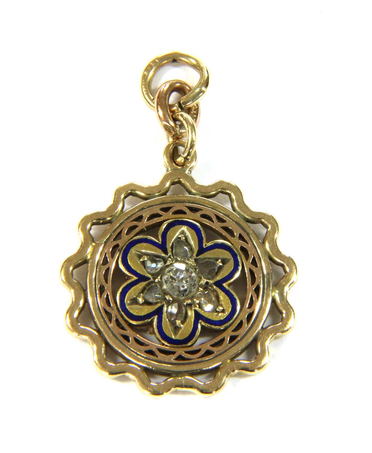 A gold diamond and enamel flower pendant,