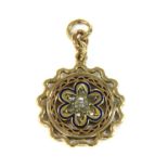 A gold diamond and enamel flower pendant,