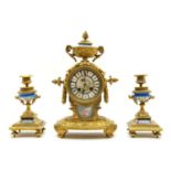 A Sevres style porcelain and gilt bronze mounted clock garniture,