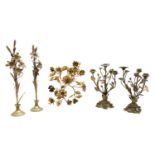 A pair of French gilt brass three light table candelabra,