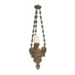 A French ornately carved and painted ceiling light,