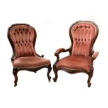 A pair of Victorian ladies and gentlemen's mahogany salon chairs,
