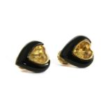 A pair of gold citrine and onyx heart shaped clip earrings,