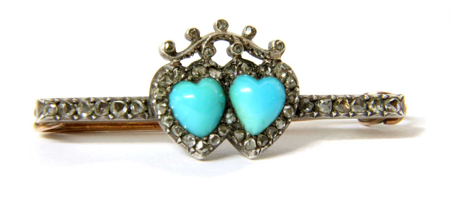 A Victorian gold and silver, turquoise and diamond twin heart bar brooch,