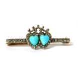 A Victorian gold and silver, turquoise and diamond twin heart bar brooch,