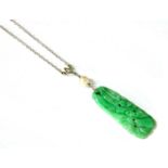 An Art Deco white gold jade and cultured pearl pendant,