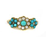A Victorian gold turquoise, split pearl and diamond triple cluster ring,