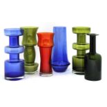 Five Finnish Riihimaki glass vases,