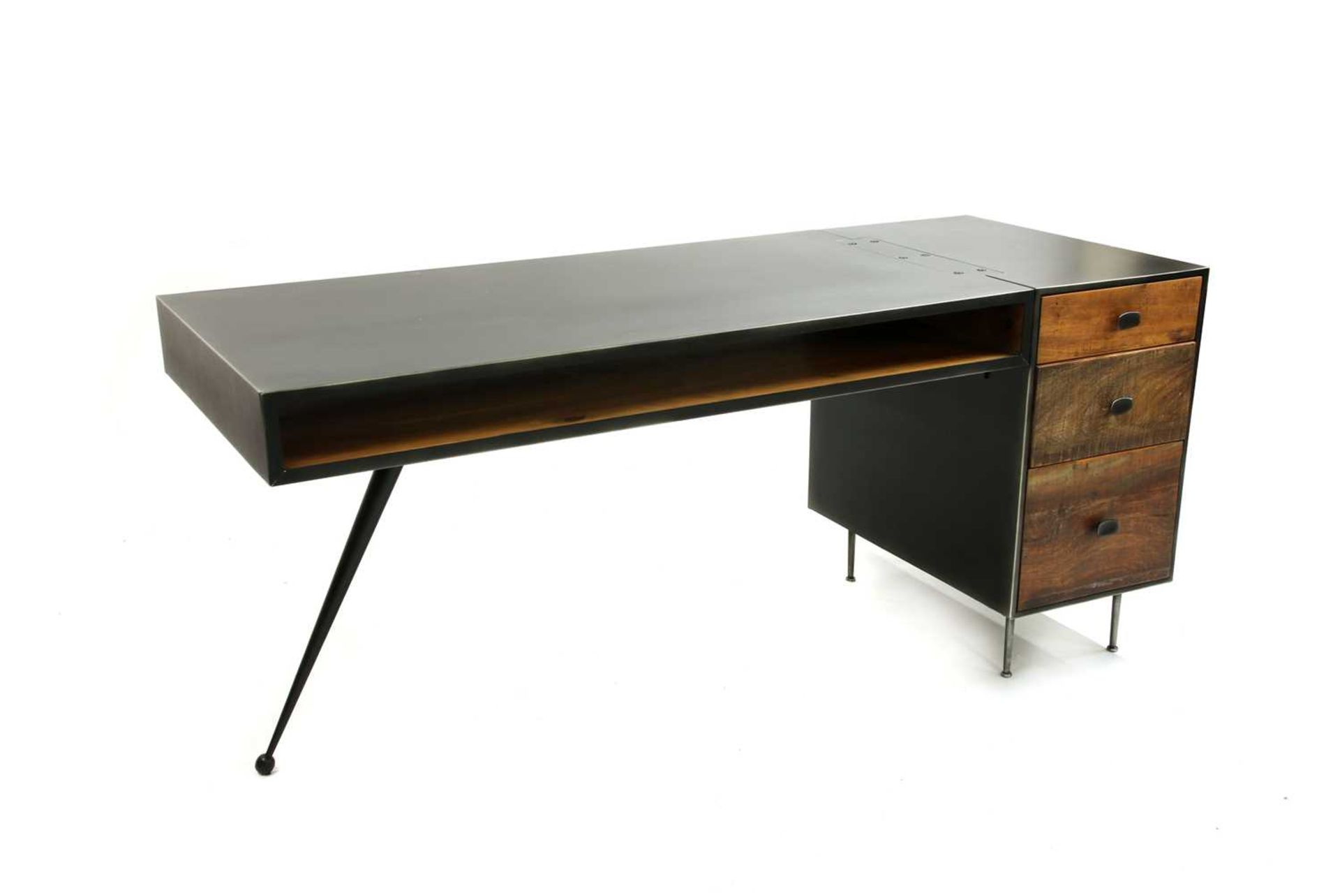 A contemporary metal and wood desk,