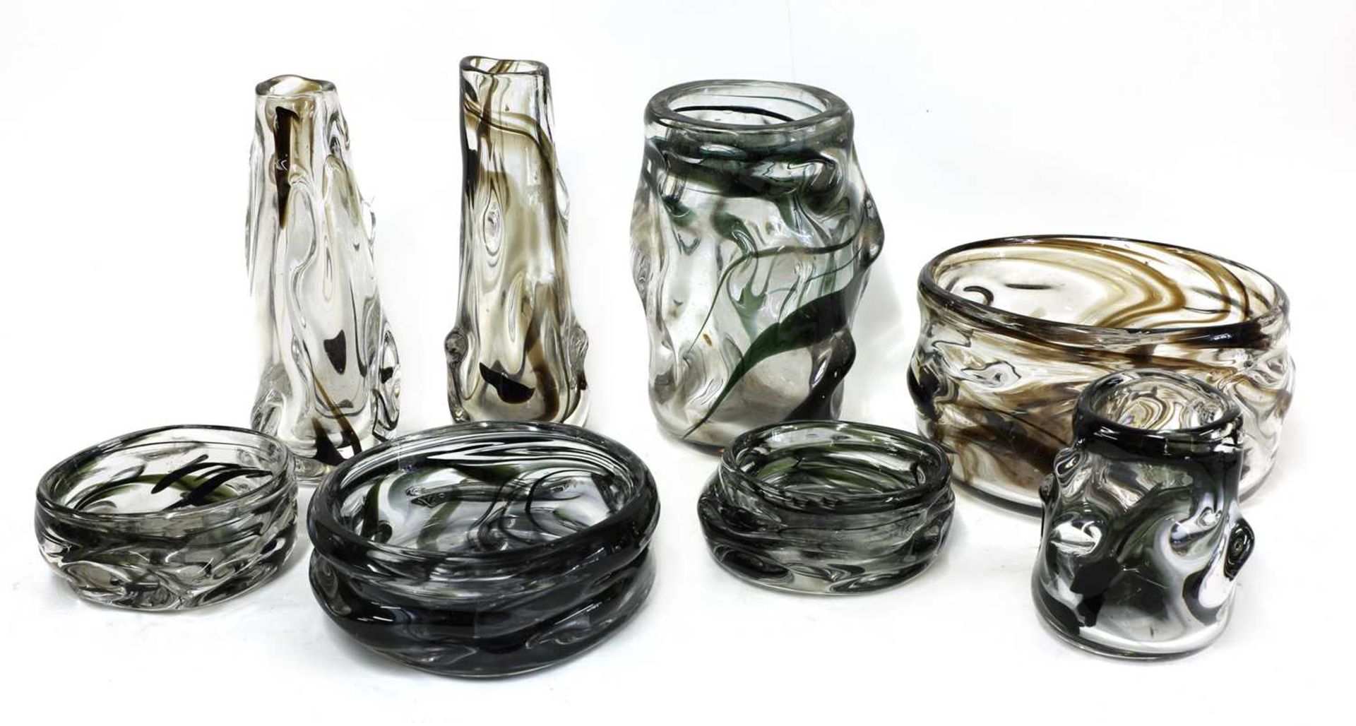 Eight items of Whitefriars knobbly glass items,