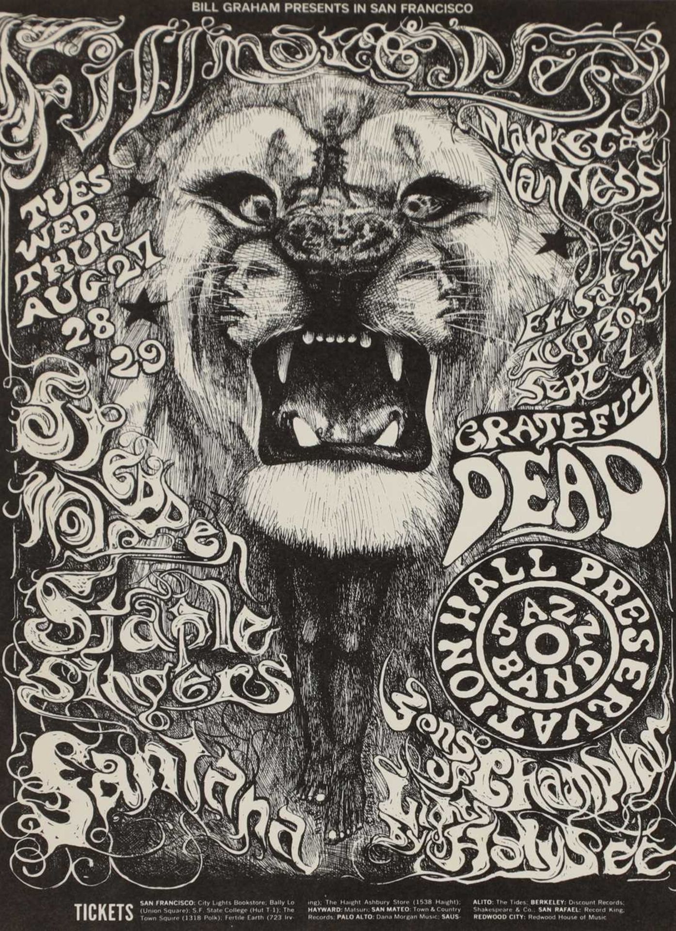 A rare Grateful Dead, Santana Lion handbill/postcard,