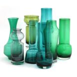 A good group of eight Finnish Riihimaki glass vases,