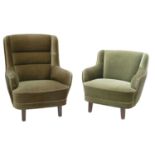 A pair of Danish high and low back armchairs,