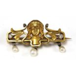 An Art Nouveau Continental pearl and diamond bar brooch,