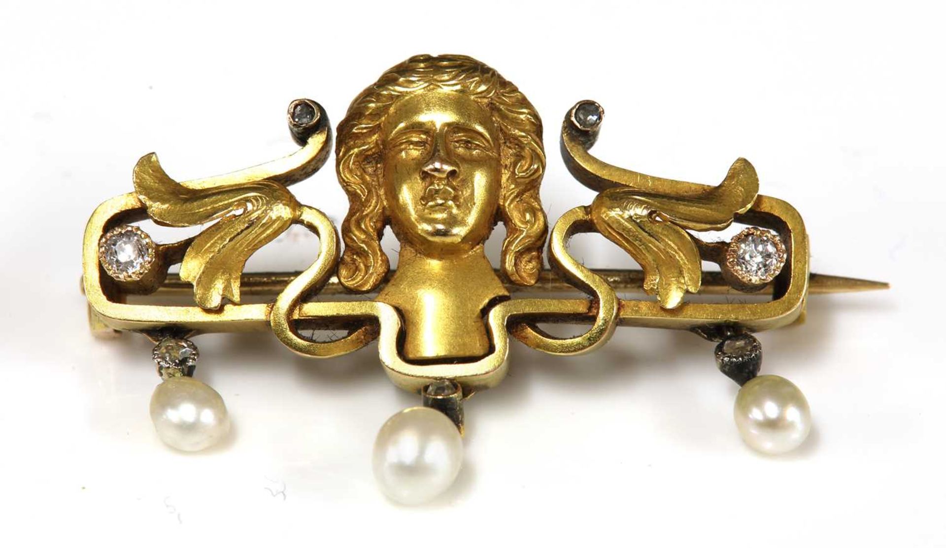 An Art Nouveau Continental pearl and diamond bar brooch,