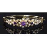 A 9ct gold amethyst and split cultured pearl hinged bangle, c.1970,