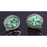 A pair of Continental carved jade and diamond gold earrings,