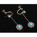 A pair of Edwardian turquoise and diamond daisy cluster drop earrings,