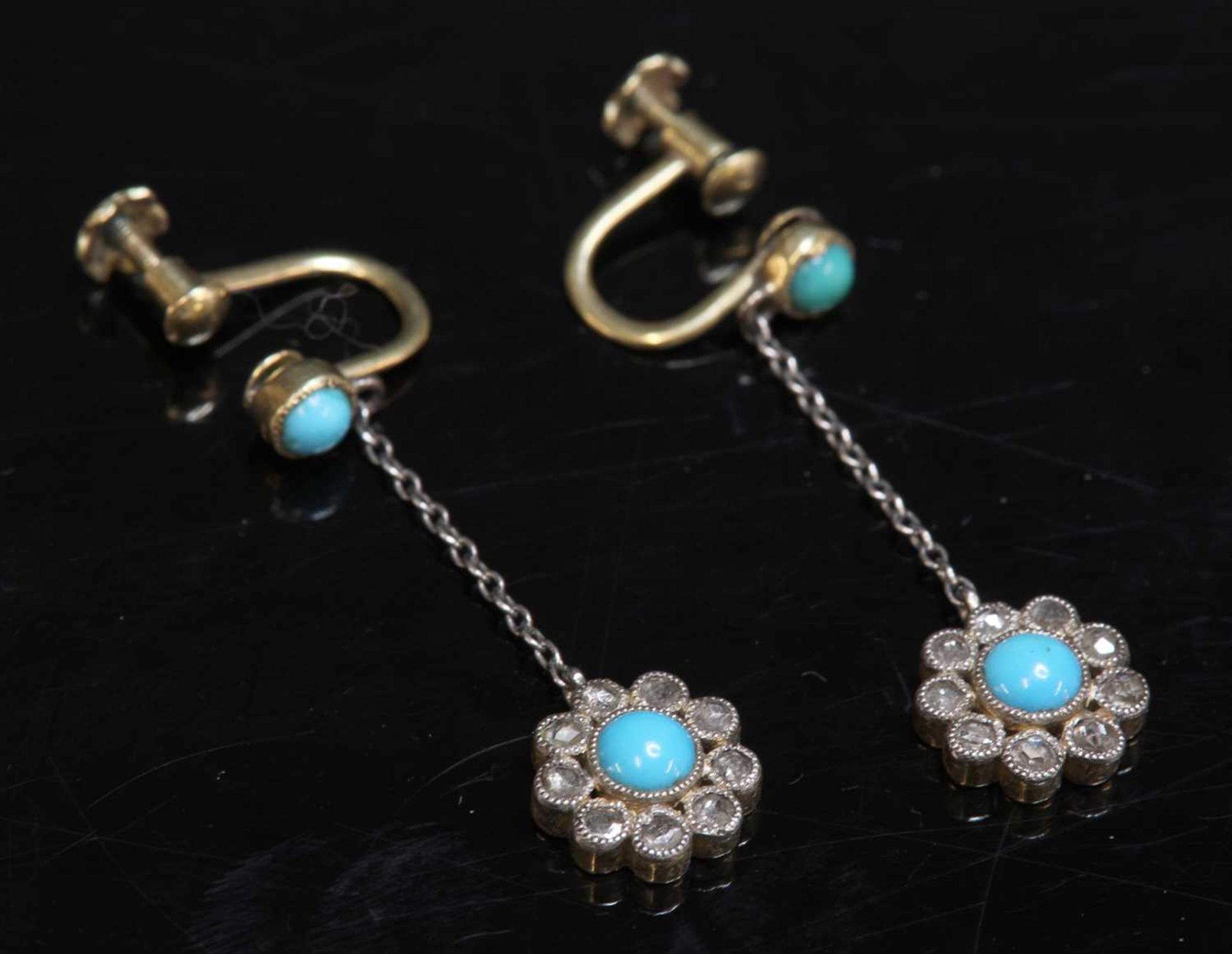 A pair of Edwardian turquoise and diamond daisy cluster drop earrings,