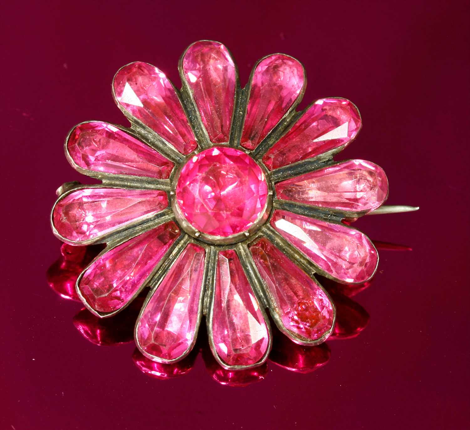 A Georgian silver, pink foil-backed paste flower head brooch, - Image 3 of 6