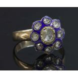A rose cut diamond and enamel cluster,