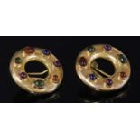 A pair of Continental gold and varicoloured tourmaline hoop earrings,