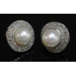 A pair of cultured pearl and diamond cluster earrings, c.1950,