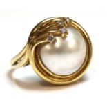 A gold cultured mabé pearl and diamond ring,